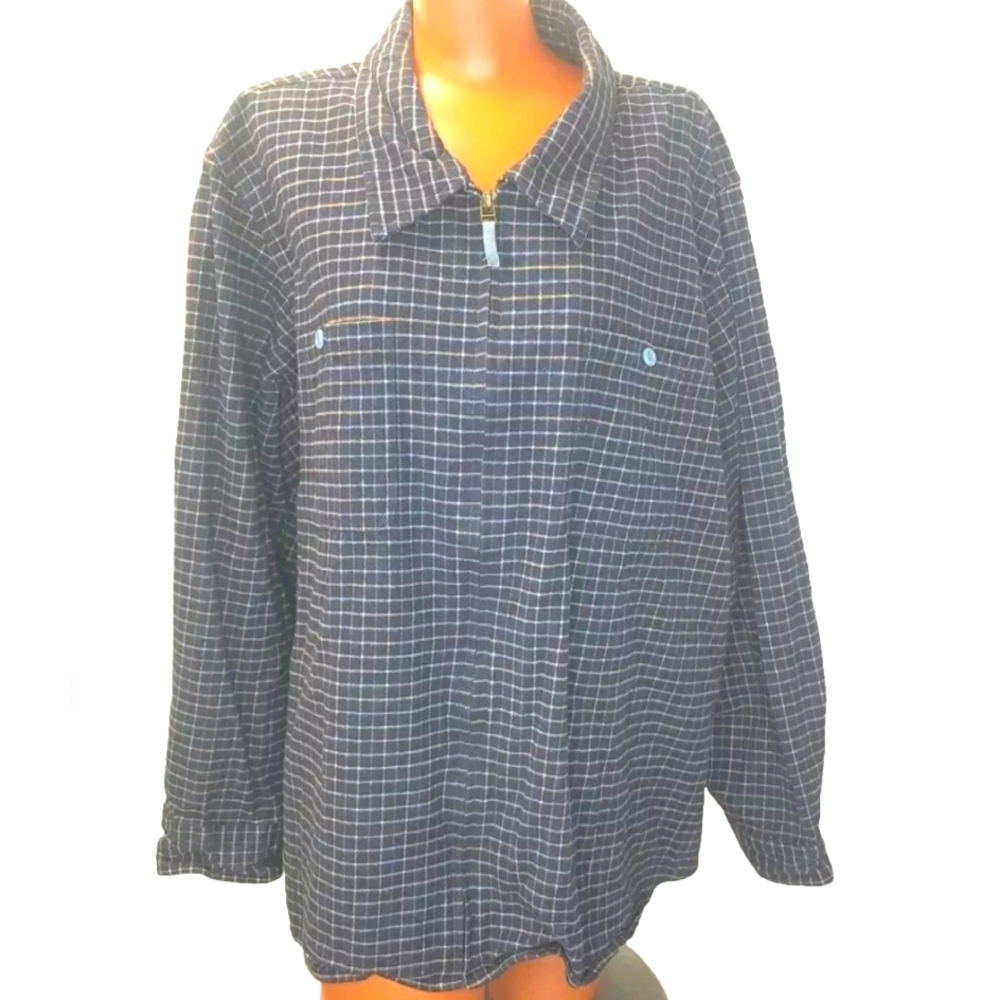 Y2k Denim Co Flannel Jacket Woman Plus 3x Navy Plaid Zip Leather Elbow Patches